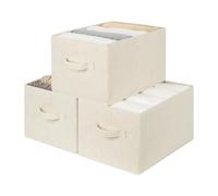 StorageWorks Storage Baskets for Shelves, Foldable Storage Boxes with Handles, Stackable Wardrobe Organiser Boxes, Fabric Storage Bins Organising Clothes, Beige (Cotton-Linen), 3-Pack, Large