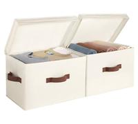 StorageWorks Storage Boxes with Lids, Large Foldable Storage Boxes for Shelves, Decorative Fabric Storage Baskets with Handles for Wardrobe Top Organising Clothes, Ivory White, 2-Pack