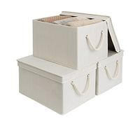 StorageWorks Wardrobe Storage Boxes with Lids, 32L Foldable Storage Bins for Shelves Organising, Decorative Storage Baskets with Lids and Soft Rope Handles, Mixing of Beige, White & Lvory, 3-Pack