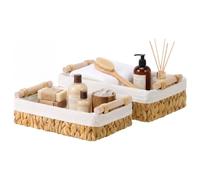 StorageWorks Water Hyacinth Baskets for Organising, Wicker Organiser Boxes, Narrow Storage Baskets with Wooden Handles, Rectangle Storage Boxes with Liner for Bathroom Shelves, Set of 2