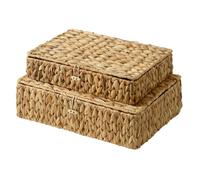 StorageWorks Wicker Basket with Lid, Flat Wicker Storage Boxes with Lids, Decorative Storage Boxes with Lids, Water Hyacinth Baskets for Organising, Woven Basket for Shelves