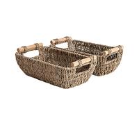 StorageWorks Wicker Storage Baskets for Shelves, Seagrass Shelf Storage Basket, Woven Box Organiser with Wooden Handles, Small Narrow Baskets for Shelves for Organising, Natural Seagrass, 2-Pack