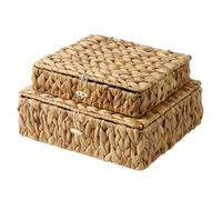 StorageWorks Wicker Storage Baskets with Lids, Flat Water Hyacinth Storage Boxes with Lids, Handmade Storage Boxes with Lids, Water Hyacinth Basket for Organising, Woven Baskets for Shelves, Bedroom