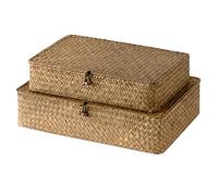 StorageWorks Wicker Storage Baskets with Lids, Woven Seagrass Storage Boxes with Lids, Decorative Handwoven Wicker Baskets for Bathroom Organising, Flat Wicker Boxes with Lids, 2-Pack