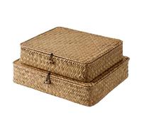 StorageWorks Wicker Storage Boxes with Lids, Flat Seagrass Storage Baskets with Lids, Rattan Woven Storage Boxes Rectangular Handwoven Storage Boxes with Lids, Wicker Baskets for Shelves