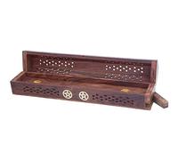 STORE INDYA Beautiful Handmade Wooden Incense Stick Holder Burner Storage Coffin Box - Ash Catcher With Brass Inlay -Home Utilities & Accessories -Meditation -Great Gift for Any Occasion 12x2 inch