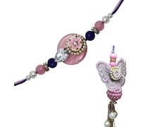 STORE INDYA Festival Set of Rakhi for Brother, Bhabhi | Indian Jewelry Pearl Bracelet Pink Lumba Rakhi Set, Greeting Card and Roli Chawal | Elegant Butterfly and San Judas Tadeo Design