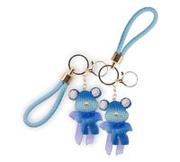 STORELUXY 2 Pack Handmade Gift Diamonte Blue Solid Teddybear Keychain with Gold Nose, Sparkly Ears, Delicate Eternal Love Ribbon, Detachable Leather Strap and Gold Coated Clasp