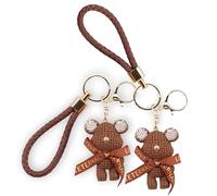 STORELUXY 2 Pack Handmade Gift Diamonte Brown Solid Teddybear Keychain with Gold Nose, Sparkly Ears, Delicate Eternal Love Ribbon, Detachable Leather Strap and Gold Coated Clasp