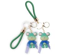 STORELUXY 2 Pack Handmade Gift Diamonte Green Solid Teddybear Keychain with Gold Nose, Sparkly Ears, Delicate Eternal Love Ribbon, Detachable Leather Strap and Gold Coated Clasp