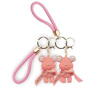STORELUXY 2 Pack Handmade Gift Diamonte Pink Solid Teddybear Keychain with Gold Nose, Sparkly Ears, Delicate Eternal Love Ribbon, Detachable Leather Strap and Gold Coated Clasp