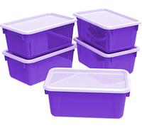 Storex Small Cubby Bins - Plastic Storage Containers for Classroom with Non-Snap Lid, 12.2 x 7.8 x 5.1 inches, Purple, (62411U05C) (Pack of 5)