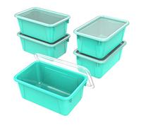Storex Small Cubby Bins - Plastic Storage Containers for Classroom with Non-Snap Lid, 12.2 x 7.8 x 5.1 inches, Teal, (62412U05C) (Pack of 5)