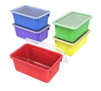 Storex Small Cubby Bins - Plastic Storage Containers for Classroom with Non-Snap Lid, 12.2 x 7.8 x 5.1 inches, Assorted Colors, 5-Pack (62406U05C)