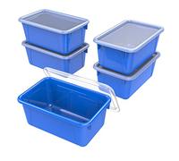 Storex Small Cubby Bins - Plastic Storage Containers for Classroom with Non-Snap Lid, 12.2 x 7.8 x 5.1 inches, Blue,(62408U05C) (Pack of 5)