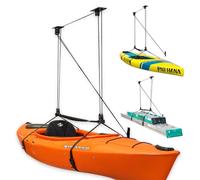 StoreYourBoard Kayak and Canoe Ceiling Hoist - Overhead Garage Storage Rack for Kayaks, Canoes, and Paddle Gear - Heavy Duty Pulley System Indoor Ceiling Mount - Holds 150 lbs, 10 to 14 ft High Spaces
