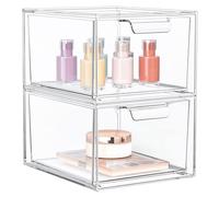 STORICANS Makeup Organiser Storage Drawers, 2 Pack Stackable Acrylic Clear Drawer Organisers,4.5" Tall Plastic Organizer Cosmetics Beauty Box with Handle for Dressing Table,Vanity,Bathroom,Undersink
