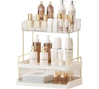 STORICANS Makeup Organiser Storage with Drawer and Removable Makeup Tray,Large Toiletries Organiser Stand Box Skincare Perfume Cosmetics Shelf Organizer for Bathroom,Dressing Table,Vaity,White