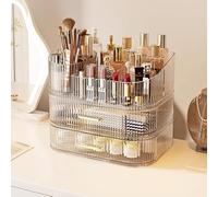 STORICANS Makeup Organiser with 2 Drawer, 360 Rotating Makeup Brush Holder, 11 inch Wide Large Stackable Cosmetic Display Case, Skincare Organisers and Storage for Dresser, Vanity, Clear