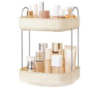 STORICANS Rotating Makeup Organiser, Square 2 Tier Cosmetic Perfume Beauty Skincare Organisers Stand,Large Capacity 360 Spinning Organizer Storage for Vanity Bathroom Desk Countertop,Cream White