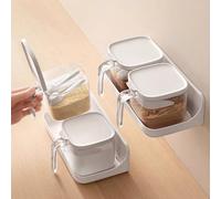STORICANS Spice Jars Clear Condiment Canisters Pots, Salt Pig Pot Condiment Jar Spice Container with Lids and Spoons, Seasoning Box Set of 2 Spice Jars Salt Container Sugar Bowl for Kitchen(White)