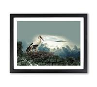 Stork Birds Nest Modern Framed Print | A2 Black Framed Wall Art | Ready to Hang | Modern Nature Picture | Living Room Bedroom Lounge Office