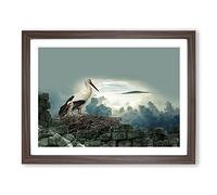 Stork Birds Nest Modern Framed Print | A2 Walnut Framed Wall Art | Ready to Hang | Modern Nature Picture | Living Room Bedroom Lounge Office