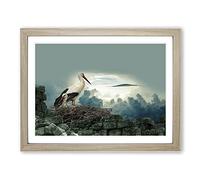 Stork Birds Nest Modern Framed Print | A3 Oak Framed Wall Art | Ready to Hang | Modern Nature Picture | Living Room Bedroom Lounge Office