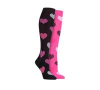 Storm Bloc Equestrian Cotton Heart Patterned Knee High Socks Pack of 2 - Size UK 4-7 (Black/Pink)