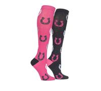 Storm Bloc Equestrian Junior Cotton Horseshoe Patterned Knee High Socks Pack of 2 - Size UK 12-3 (Cerise/Charcoal)