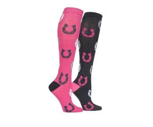 Storm Bloc Equestrian Junior Cotton Horseshoe Patterned Knee High Socks Pack of 2 - Size UK 12-3 (Cerise/Charcoal)