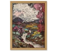 Storm Brewing over River Landscape with Pink Trees Artwork Framed Wall Art Print A4 Artery8 Light Oak One Size
