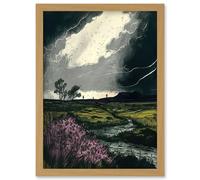 Storm Clouds at Scottish Meadow with Heather Shrub Artwork Framed Wall Art Print A4 Artery8 Light Oak One Size