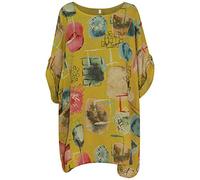 Storm Island Italian Ladies Round Neck Cotton Lagenlook Fish Print Top Women Dress Shirt Plus (Mustard Print 2, One Size 14-24 UK)