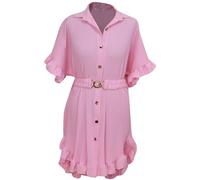 Storm Island® Ladies Frill Dress Women’s Gold Button Mini Party Dress Frill Hem Fashion Top Short Sleeves Collared Pleated Swing Dress Loose Fit Plus Size Summer Dresses for Women UK One Size (8-18)