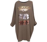 Storm Island® Ladies Italian Long Sleeve Tunic Top Summer Shirt Feather Print Foil Print Round Neck Plus Size Fashion Party Oversized Dress for Girls UK Size 14-24