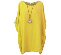 Storm Island Ladies Italian Plain Top Women Lagenlook Cotton Baggy Dress Two Pockets Necklace SI099 (Mustard, UK 16-18)