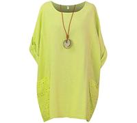 Storm Island Ladies Italian Plain Top Women Lagenlook Cotton Baggy Dress Two Pockets Necklace SI099 (Lime, UK 20-22)