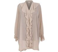 Storm Island Ladies Italian Ruffle Shirt Women's V-Neck Elasticated Sleeves Front Button Top SI069 (Beige, One Size Fits UK (14-22))