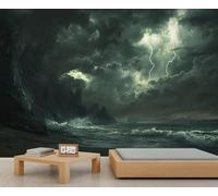 Storm Mural Dark Clouds Lightning Wallpaper Waves Wall Mural Panoramic Office Reception Studio Backdrop Custom Photo Wallpaper (Non-self-Adhesive)
