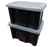 Storm Trading Group 2 X Large Black Plastic 24 Litre Storage Box With See Through Lids For Bedroom, Garage & Office