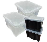 STORM TRADING GROUP Clear or Black 24 Litre Plastic Stacker Box | Large Storage Box With Lids Home Office Stackable Box