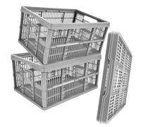 STORM TRADING GROUP Grey 32L Plastic Folding Crate Boxes With Handles Collapsible, Foldable & Stackable - 3 x