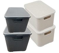 STORM TRADING GROUP Rattan Effect Storage Baskets Cream & Grey With Lids Ideal For Bathroom, Kitchen, Laundry Room, Home & Office Storage Box (2 Baskets, Cream)