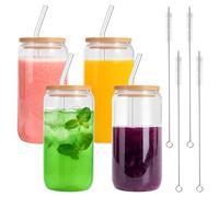 Stormshopping 4PACK 16 Oz Drinking Glasses with Bamboo Lids and Glass Straw - 500ml Clear Can Shaped Glass Cups Beer Ice Coffee Glasses Cute Aesthetic Cup Great for Coffee Bar Accessories