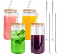 Stormshopping 8PACK 16 Oz Drinking Glasses with Bamboo Lids and Glass Straw - 500ml Clear Can Shaped Glass Cups Beer Ice Coffee Glasses Cute Aesthetic Cup Great for Coffee Bar Accessories