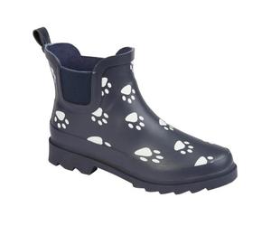 Stormwells W275 Womens Rubber Pull-On Navy Blue/Paw Print Wellington Boots
