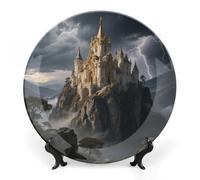 Stormy Castle Peak Bone China Decorative Plate with Display Stand, 10inch Porcelain Wall Hanging Plate for Home Office Decor, Elegant Round Ceramic Plates for Home Decor & Gift Idea