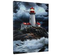 Stormy Lighthouse Canvas Wall Art, Dark Gray Red Coastal Decor, Nautical Wall Print for Living Room, Bedroom, Office, Wrapped Canvas 16x20 Inch