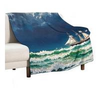 Stormy Waves Vintage Sailboat Blanket, Soft Flannel Fleece Blankets Quick-Dry, Lightweight Throw Blanket for Couch, Bed, Office & Travel, Ideal Gift for Family & Friends, 70"x80"